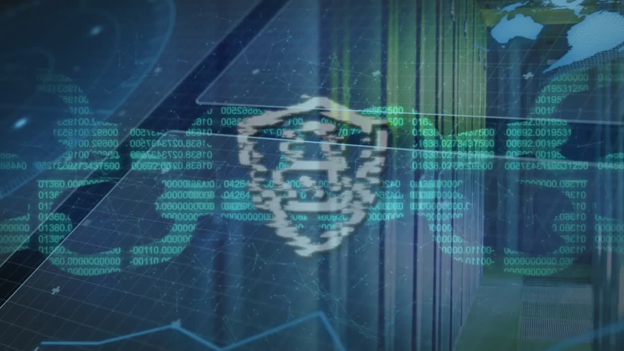 animación del icono de la cadena y el candado a través de la red y la sala del servidor