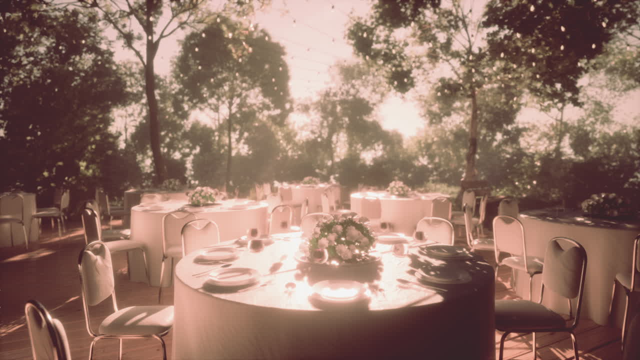 평화로운 분위기와 함께 야외 레스토랑 테이블과 의자