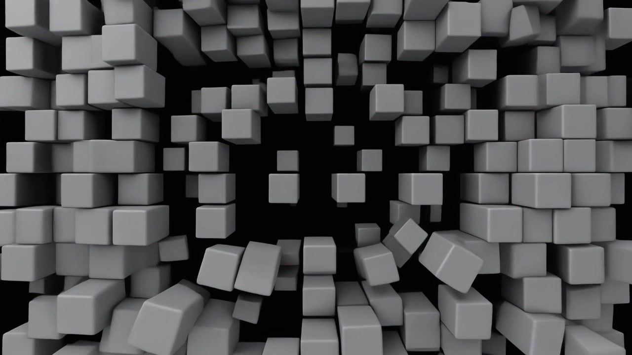 Abstrakt animation af grå kuber, der udvider sig udad på sort baggrund