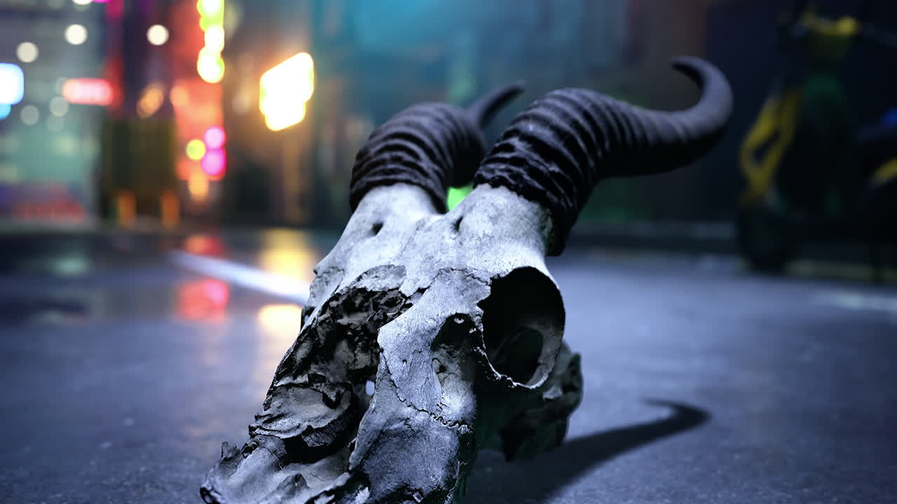 Skull of a ram lies on the ground in an urban setting at night