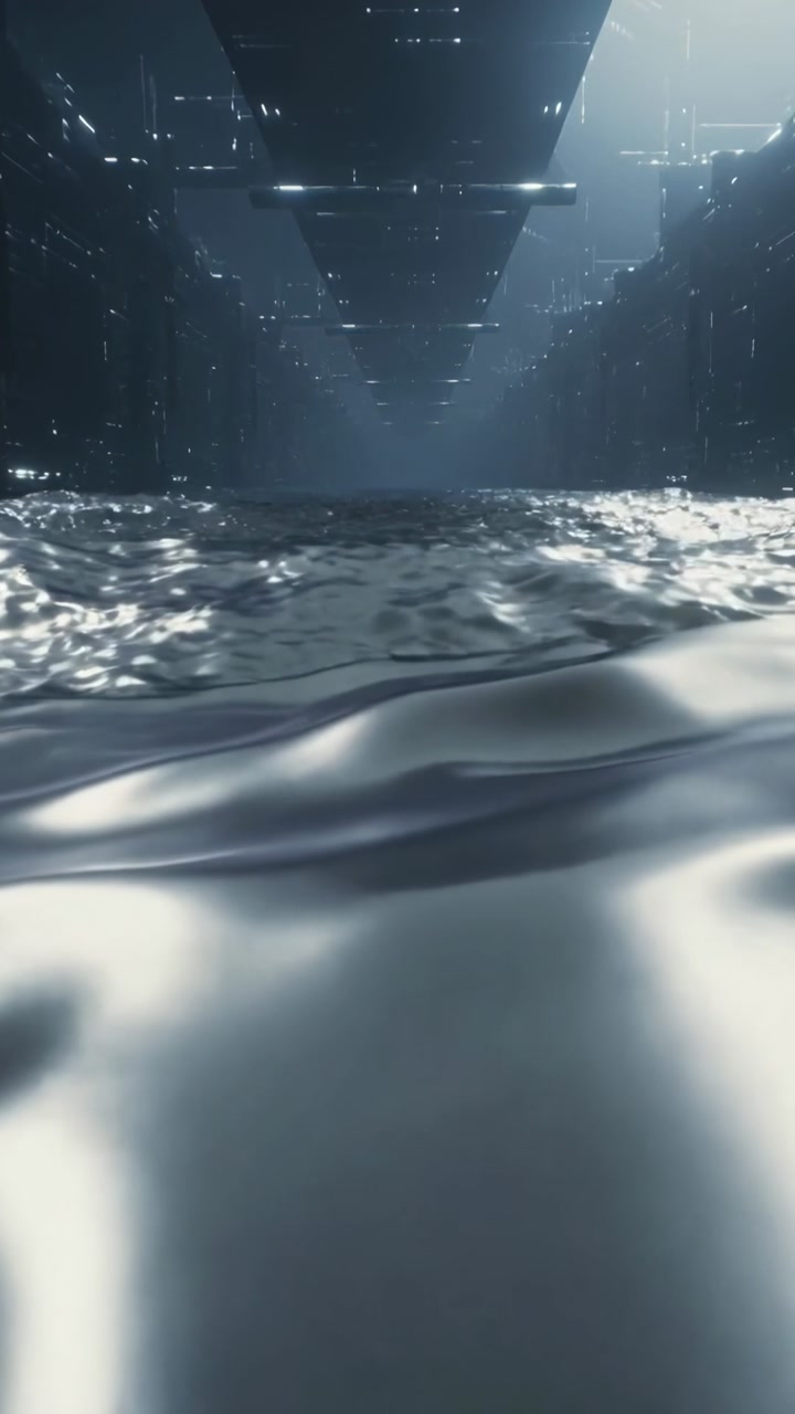 Vertical video: Advancing low camera over sci-fi canal, shiny water forming waves revealing bridge