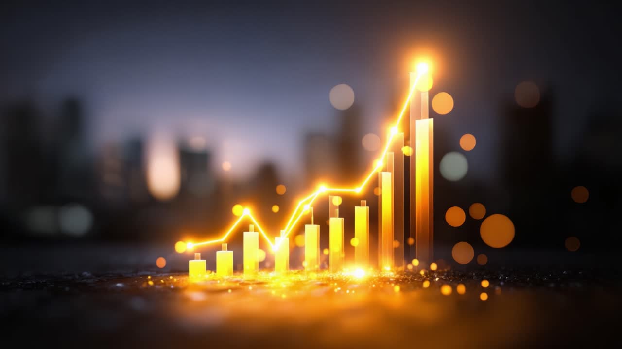 Dynamic Financial Data Visualization with Rising Bar Graphs and Glowing Elements Representing Growth Trends in a Modern Digital Environment