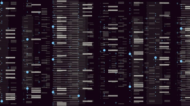 Codice binario digitale con numeri LED al neon casuali su schermo del computer