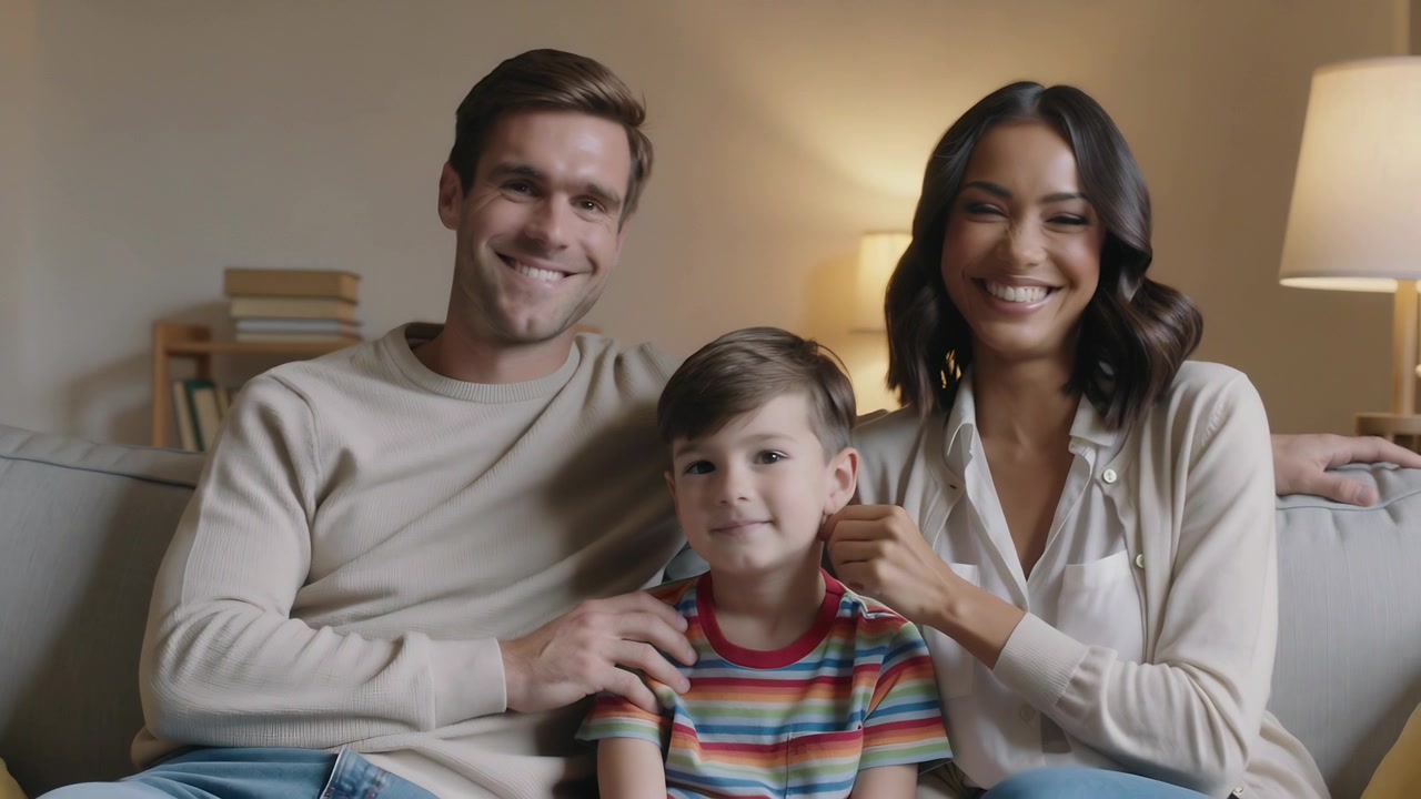 Trio familiare registrato sul divano che sorride, la madre sistema i capelli del figlio, il padre gli tiene la spalla, in posa.