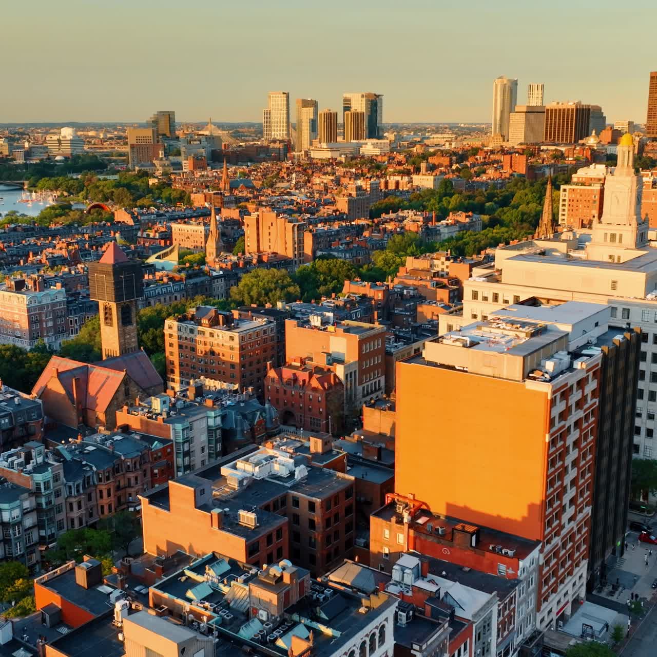 Lovely architecture of Boston at golden hour. Bright scenery of the USA city from top view