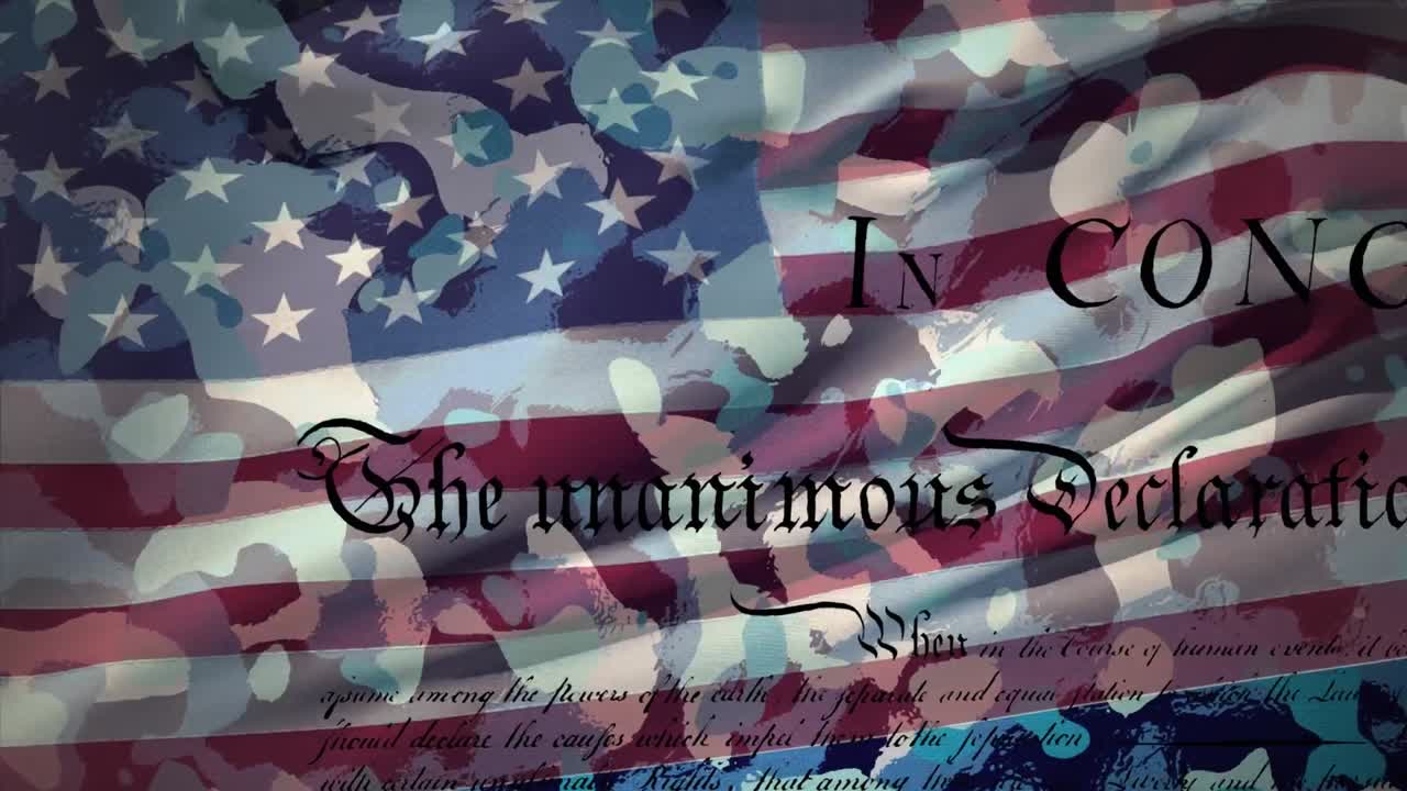 American Constitution script over waving american flag against camouflage background