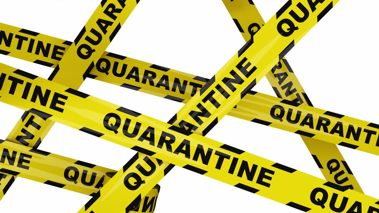 격리 문장, 감염 경고, 다른 방향에서 굴러와 화면을 는 노란 경고 테이프, 마스크, 3d 렌더.