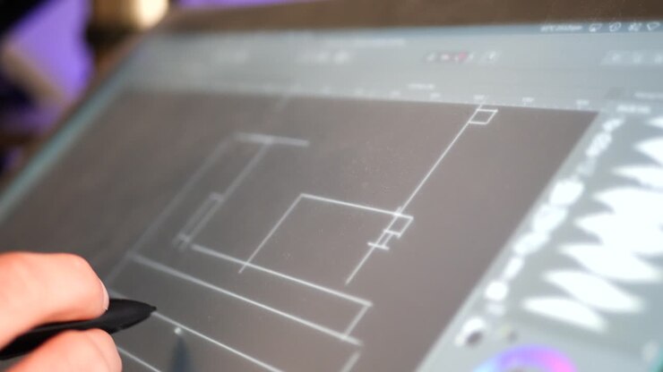 An architect drafting out blueprints or concept art for a building project on a digital graphic tablet in a design studio