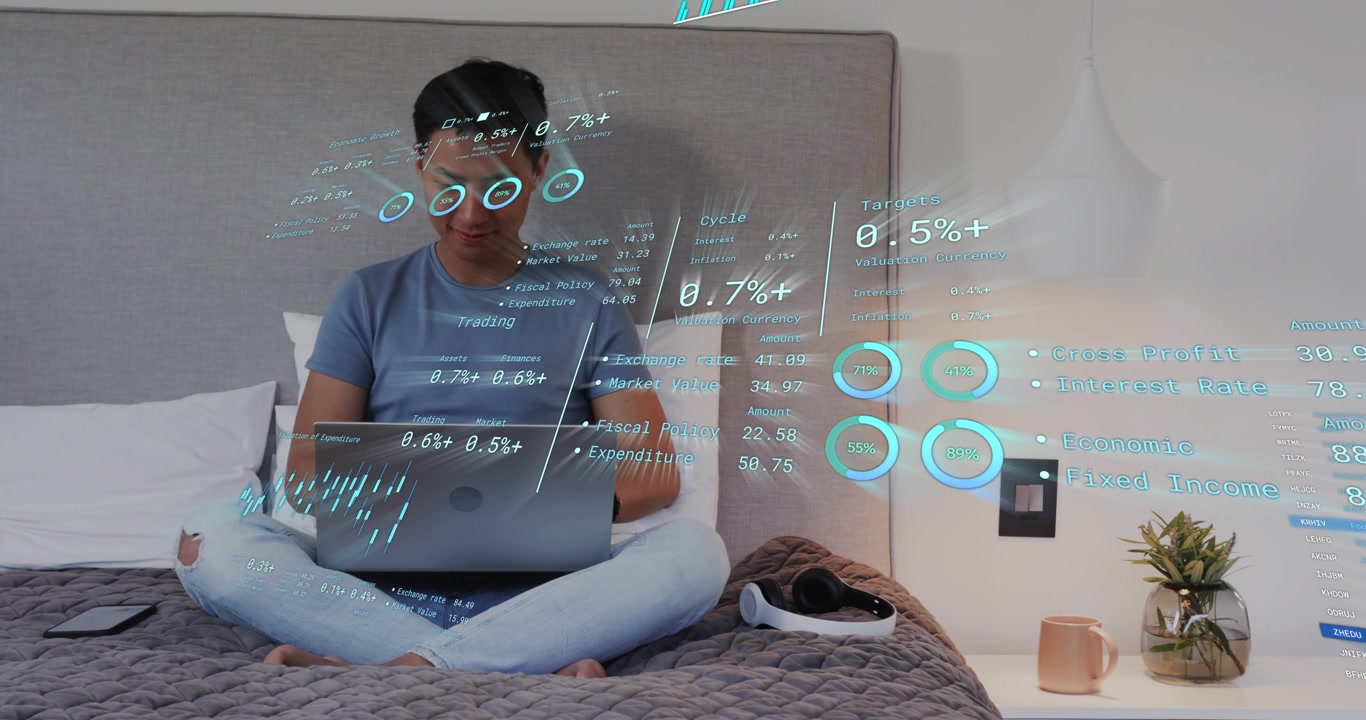 Trader scrolling smartphone and projecting financial charts typing laptop and tracking metrics