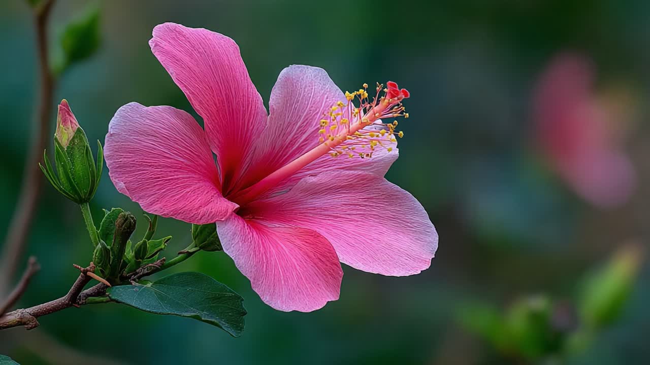Una splendida fioritura di ibisco: catturare l'eleganza e la vivacità della natura attraverso i delicati petali di un fiore rosa su uno sfondo verde tenue.