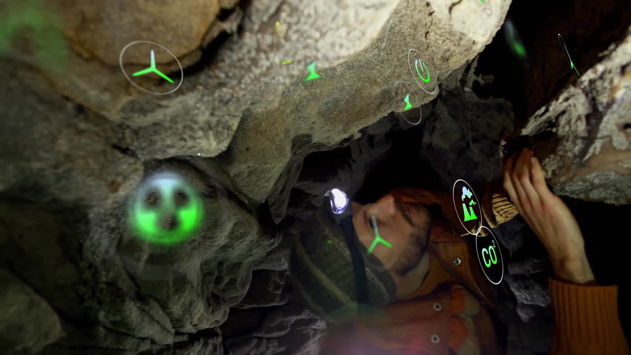 Explorer wearing headlamp navigating tunnel displaying floating environmental CO? recycling icons