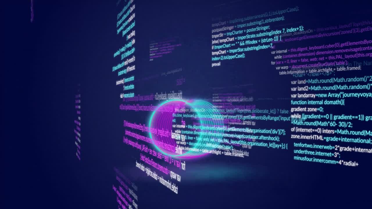 Floating code snippets circling glowing neon torus in 3D holographic data visualization stage