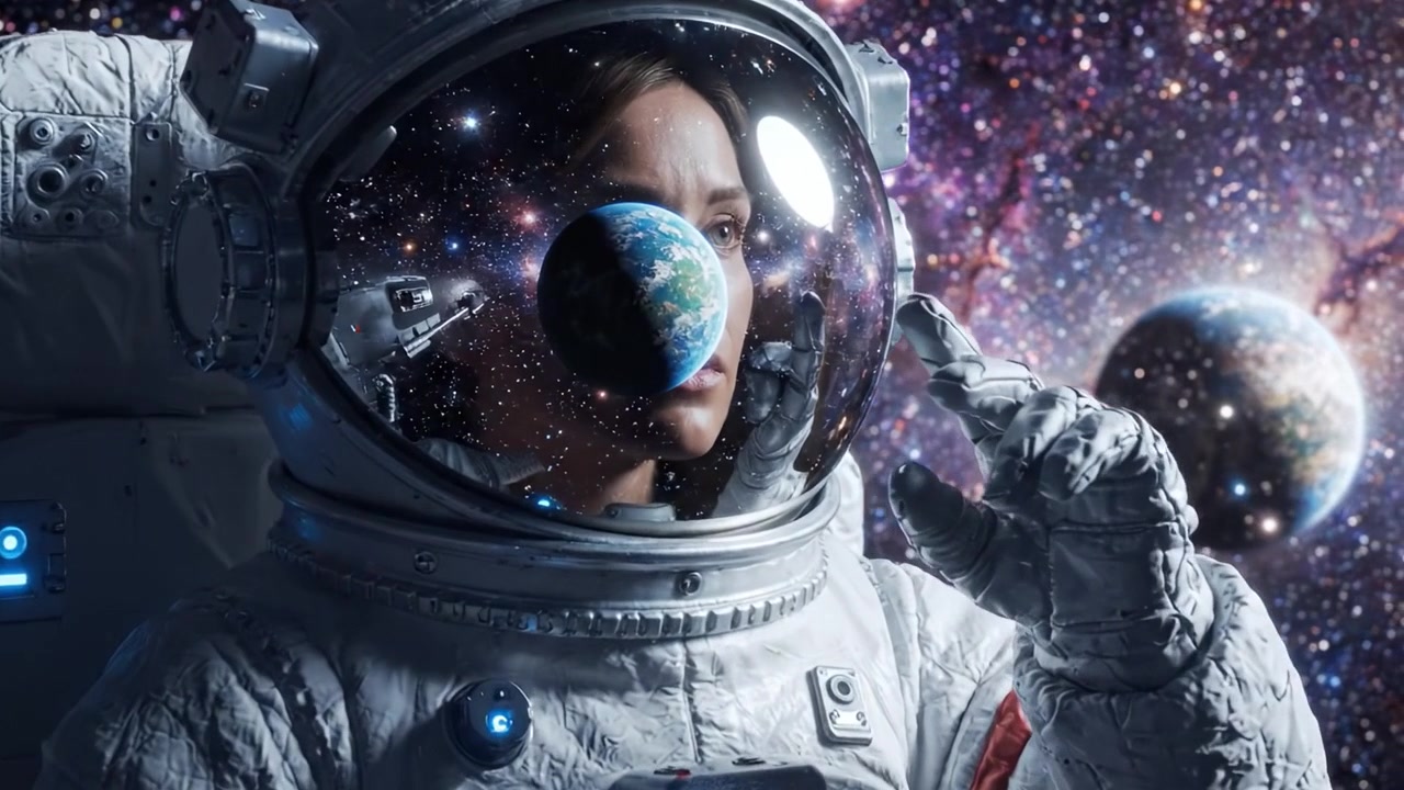 Astronautti katsoo avaruuden syvyyksiin, ympäröitynä häikäisevällä galaksilla ja läheisellä planeetalla, ikuistaen maailmankaikkeuden ihmeen ja mysteerin.