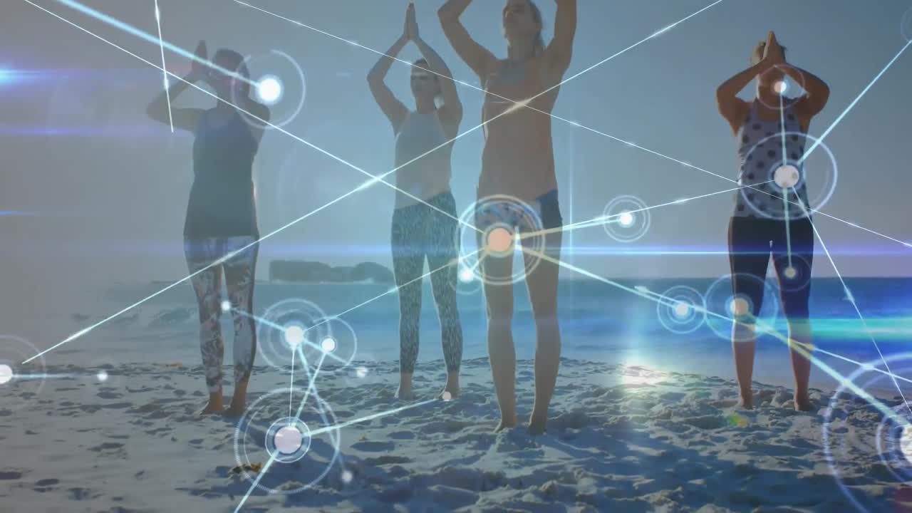 animación de la red de conexiones sobre mujeres practicando yoga en la playa