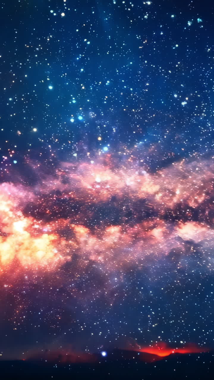 A long, orange and blue galaxy with many stars. The galaxy is very large and has a lot of stars