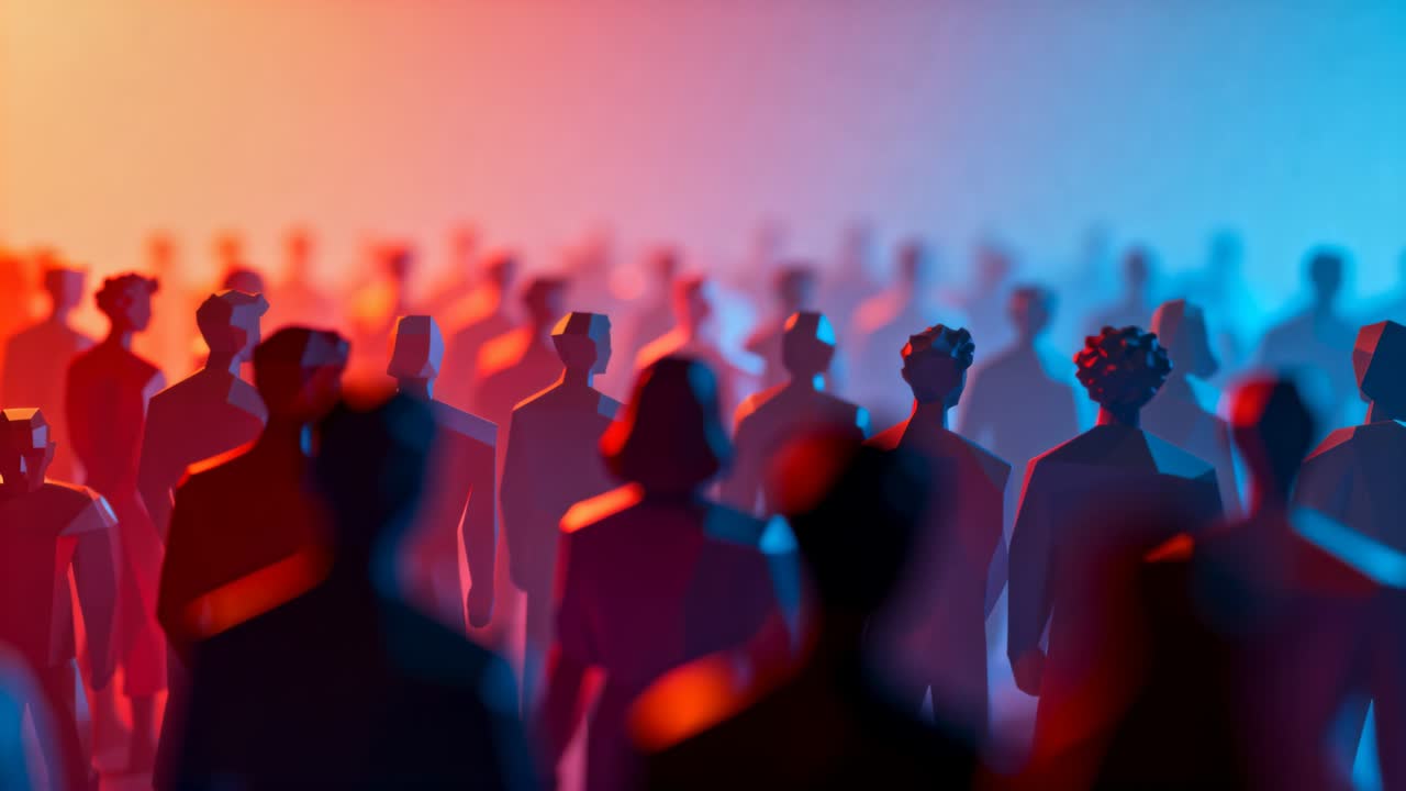 Shifting camera refocusing studio crowd of figurines, revealing midground heads with warm-cool haze