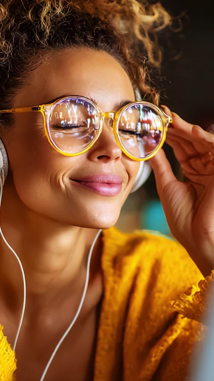 Uma mulher alegre curtindo música com óculos amarelos e um suéter aconchegante, capturando a essência do relaxamento e da felicidade em uma atmosfera vibrante.