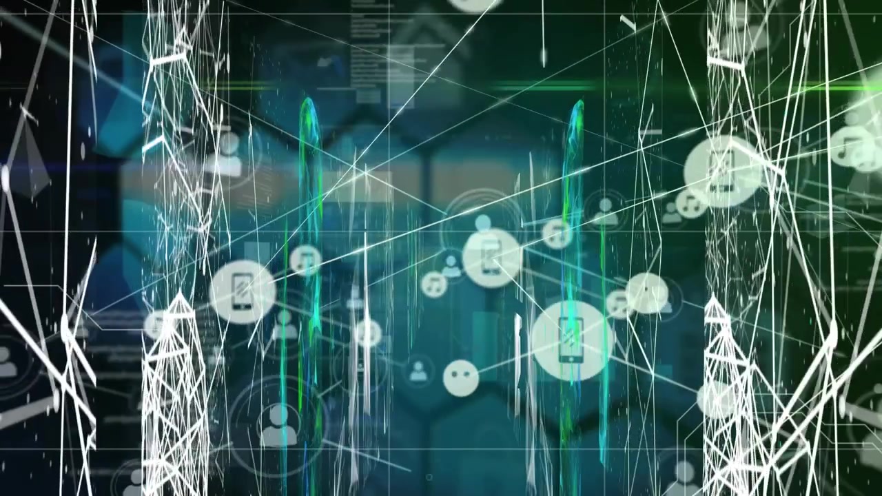Animation of network of connections with icons over data processing