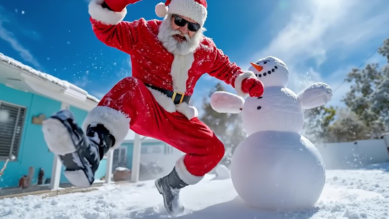 A man dressed as Santa Claus is playing with a snowman in the snow