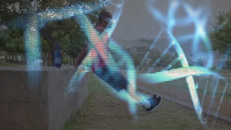 Animation-of-glowing-dna-strand-rotating-over-male-athlete-exercising-outdoors