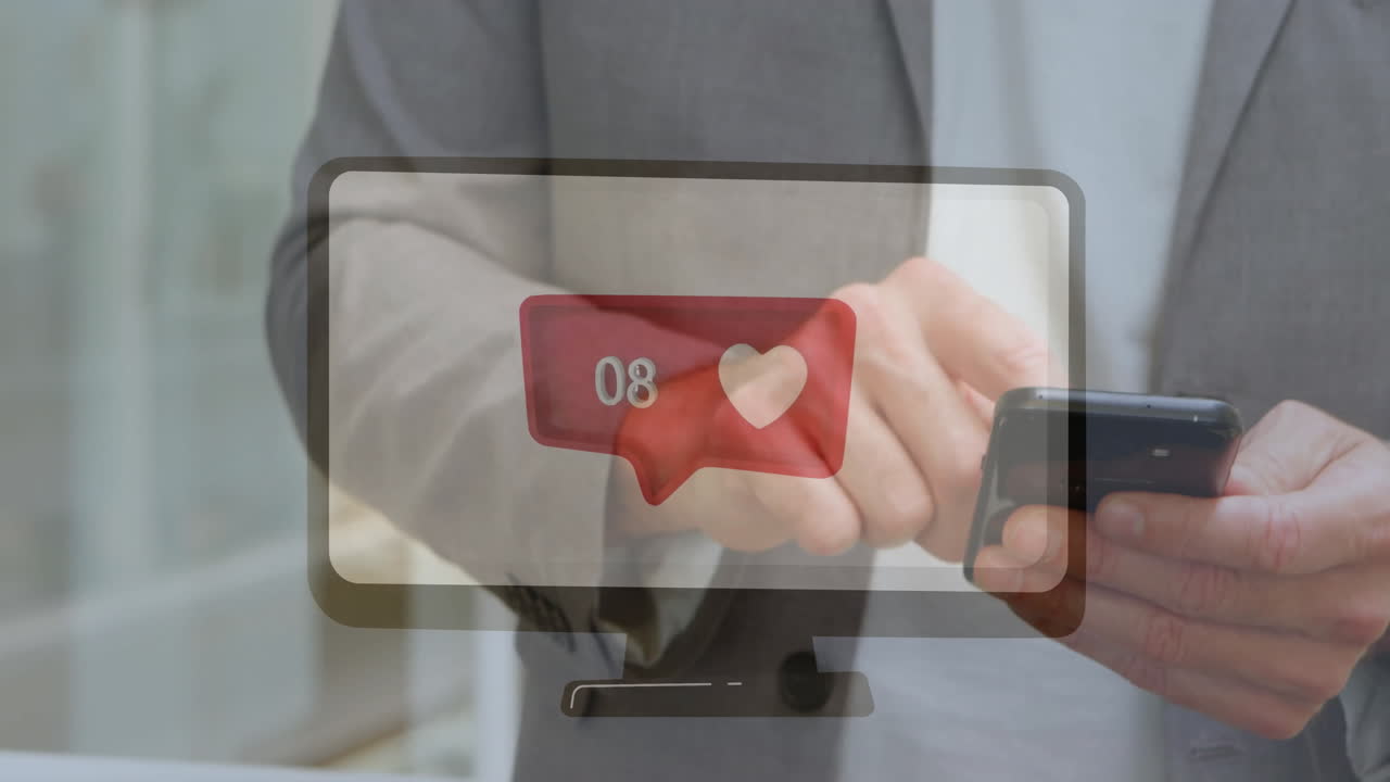 Using smartphone with social media notifications, person multitasking at computer screen