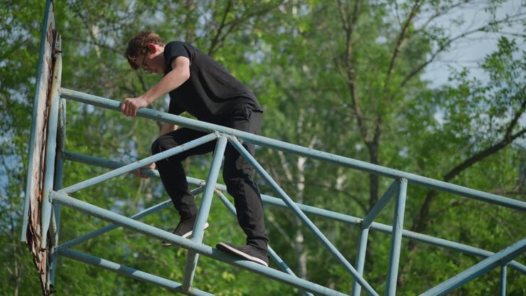 A young boy wearing a black outfit and glasses carefully moves backward on blue outdoor equipment, with lush green trees in the background
