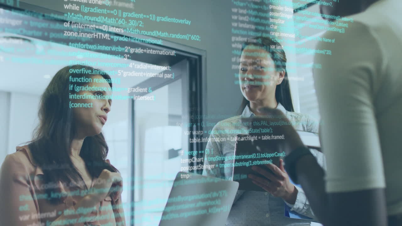 Animation of financial data processing over diverse business people in office