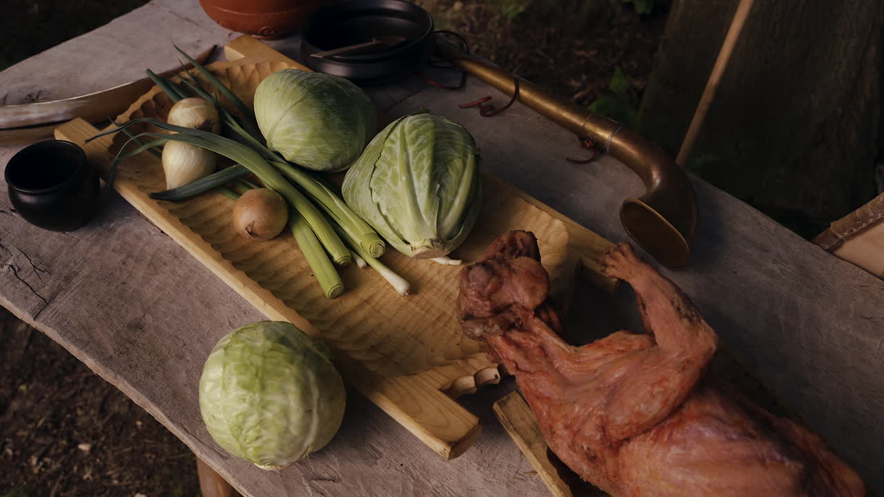 Medieval Feast with Roasted Pig and Vegetables