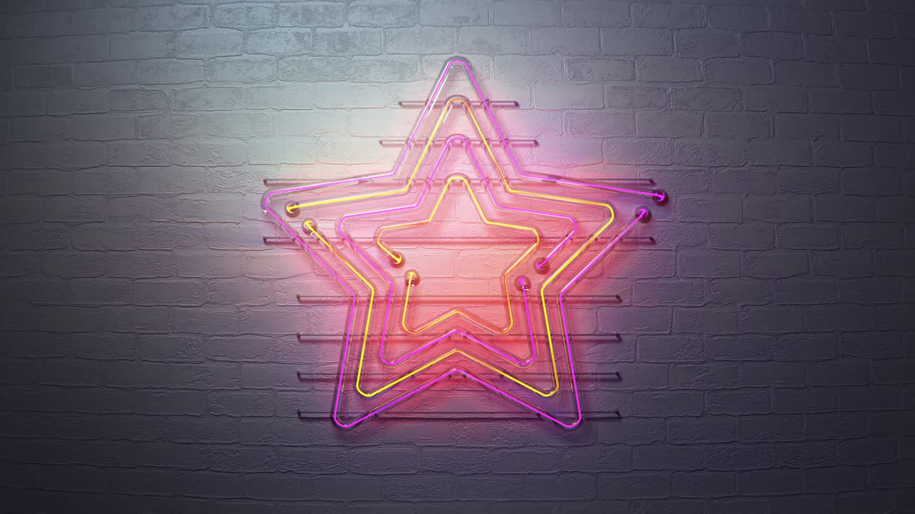 Animazione 3D renderizzata in loop continuo di simboli a stella al neon su muro di mattoni