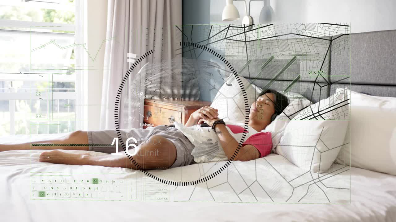 Teenage male holding phone on bed, causing HUD round meter tracking heart rate while relaxing