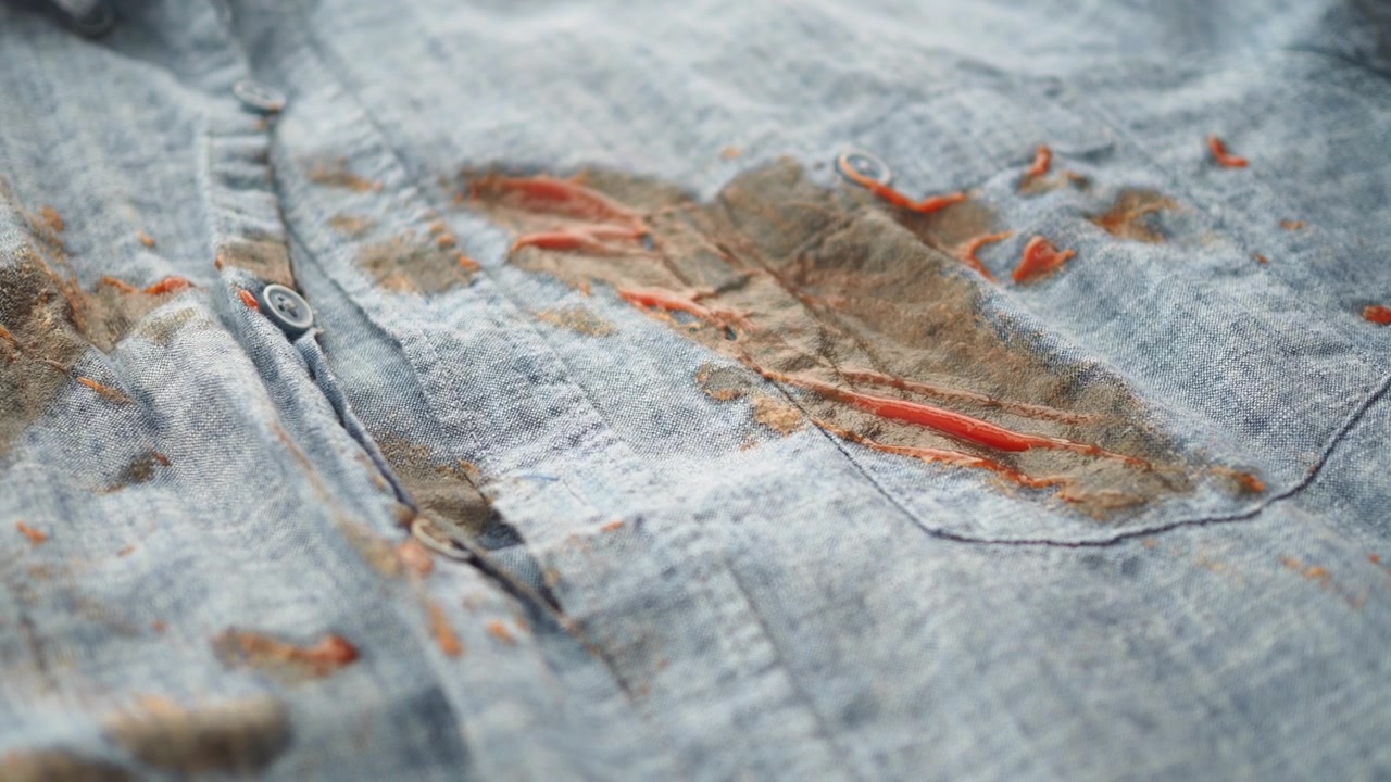 Close-Up of Dirty Shirt with Ketchup and Food Stains