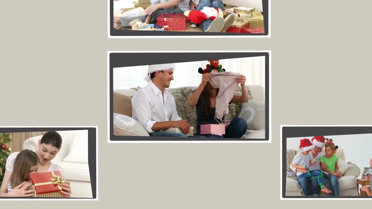 Montage of families opening their presents