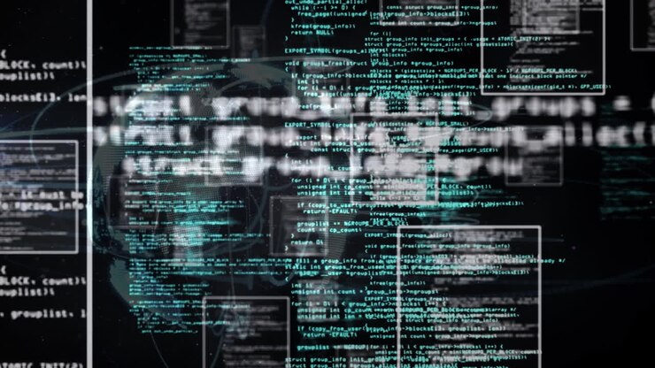 Animation of network of connections and data processing over dark background