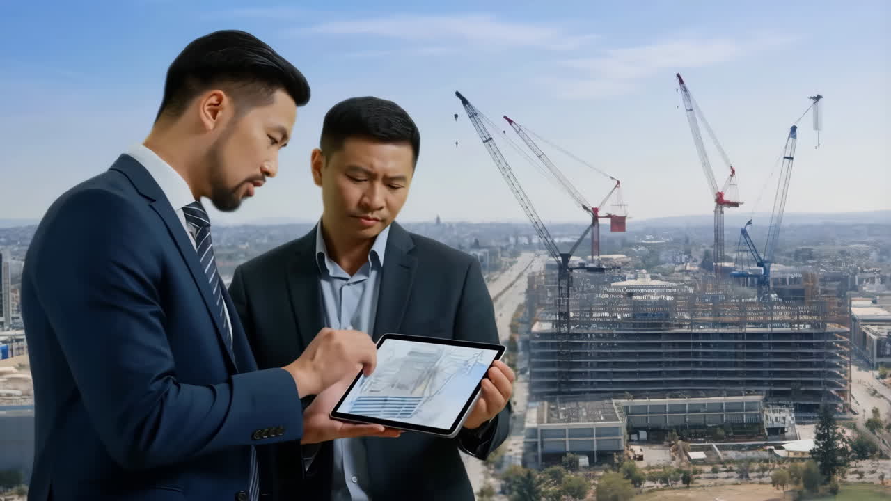 Businessmen Discussing Construction Plans on a Tablet at a Building Site