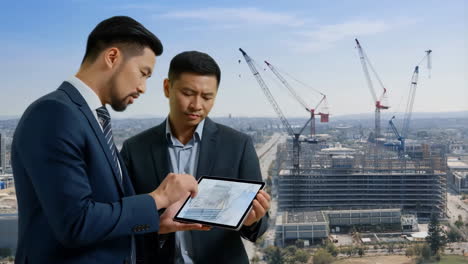 Businessmen Discussing Construction Plans on a Tablet at a Building Site