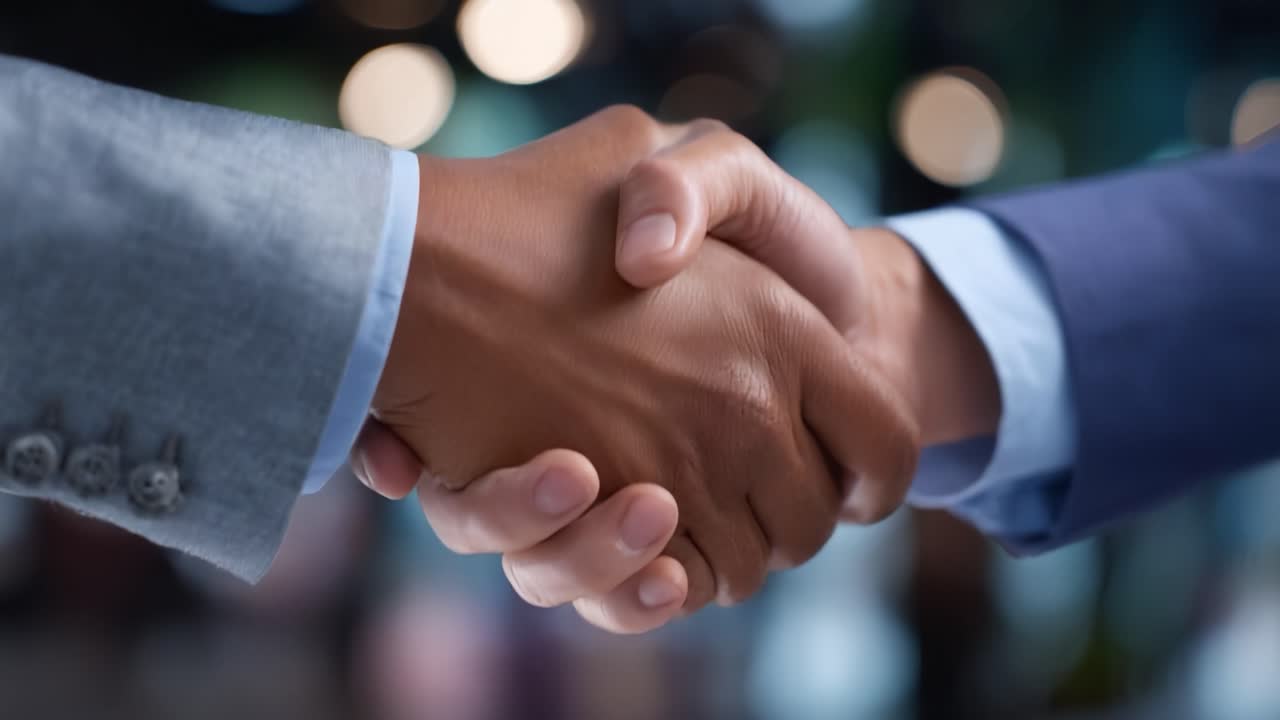 Business Partnership Agreement: A Firm Handshake Between Two Professionals Symbolizing Trust and Collaboration in a Corporate Environment
