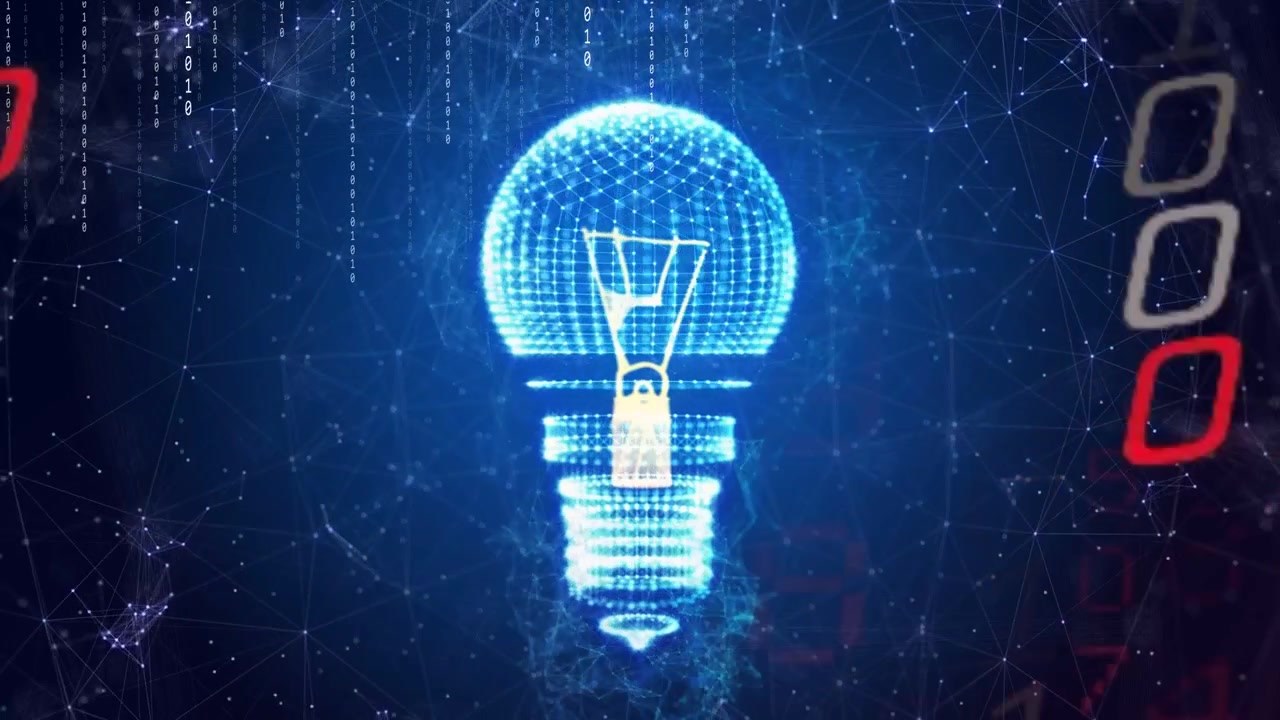 Holografische Glühbirne entsteht aus einem Knotenfeld, Glühfaden senkt sich, Ringe stapeln sich – Visualisierung einer Idee.