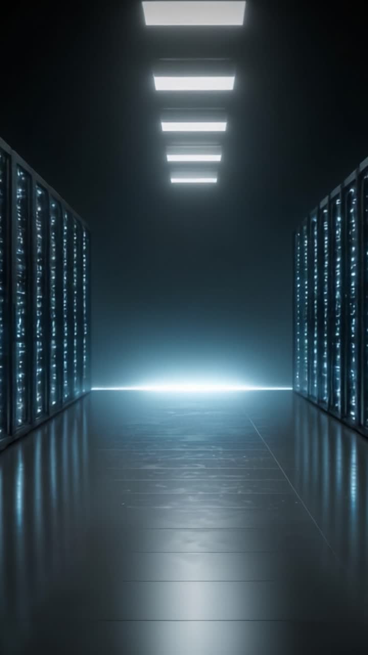 En futuristisk datacentralkorridor oplyst af skarpe loftslamper, der viser rækker af højteknologiske servere på hver side og skaber en strømlinet og moderne atmosfære.