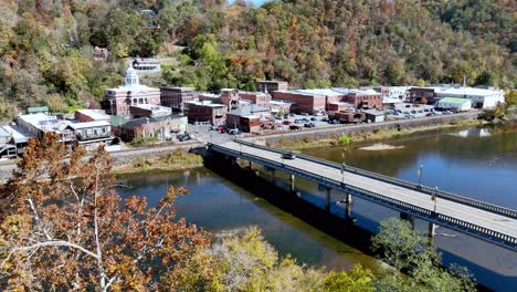 aerial over the french broad river, marshall nc, north carolina