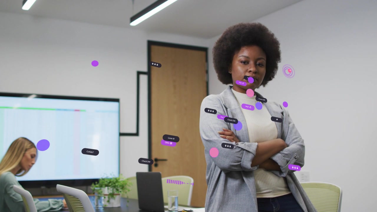 Cam zooming causing purple pink UI around lead arms crossed in meeting showing business leadership