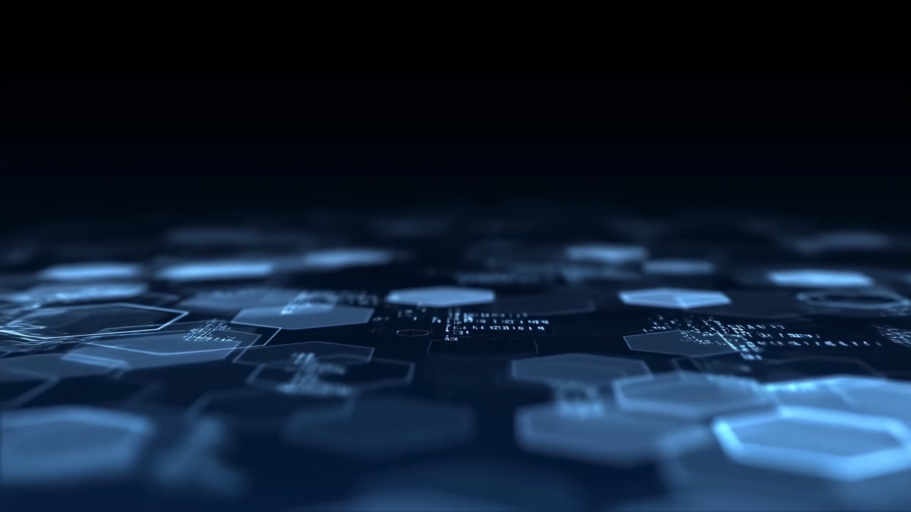 Glowing Blue Hexagon Network Floor, Shallow Depth And Soft Neon Highlights Convey High Tech Interface And Data