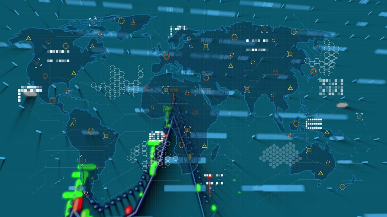 Animation of graphs and data over world map on green background