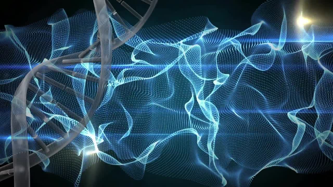 DNA helix entering while rotating blue mesh ribbon pulsing light bars sweeping for energy display
