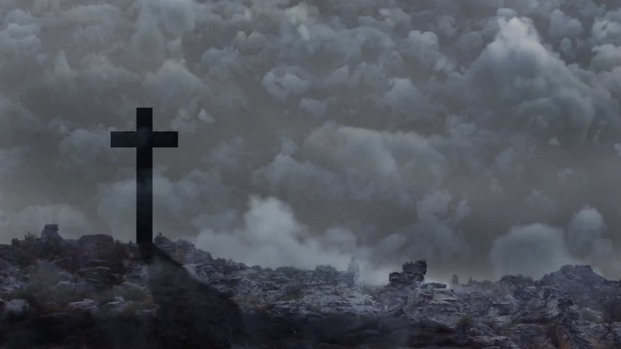 Lightning striking near cross with animation of stormy clouds in rocky landscape