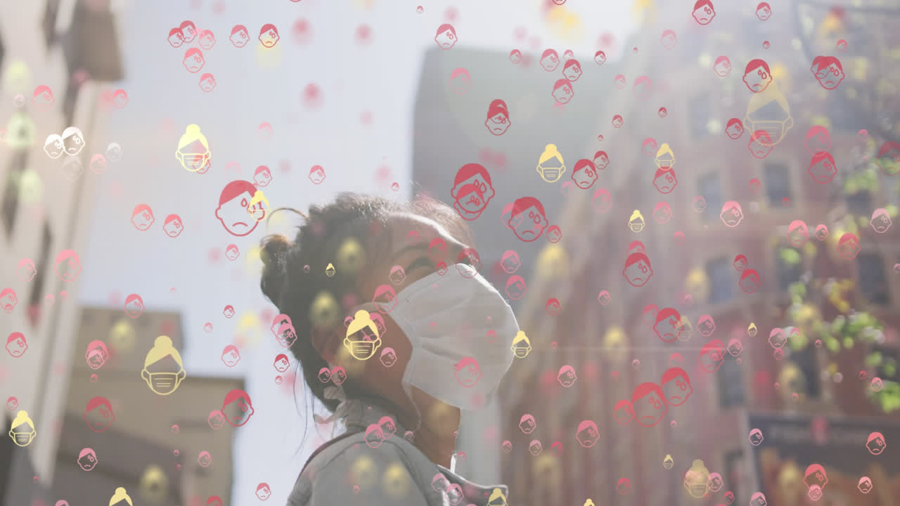 도시 거리에서 얼굴 마스크를 입은 여성 위에 움직이는 얼굴 마크를 착용한 사람들의 아이콘의 애니메이션