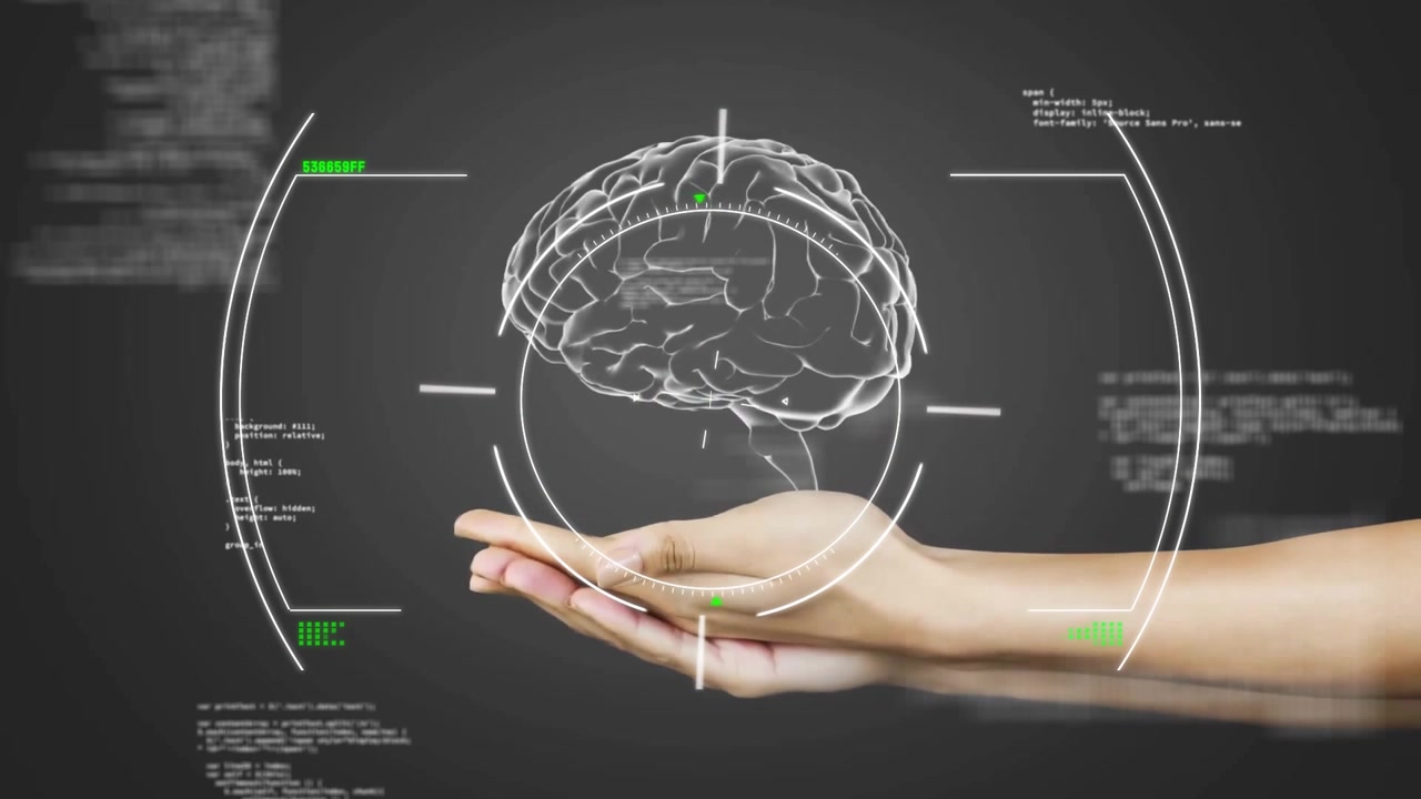 Animation of scope scanning and data processing over hand with brain