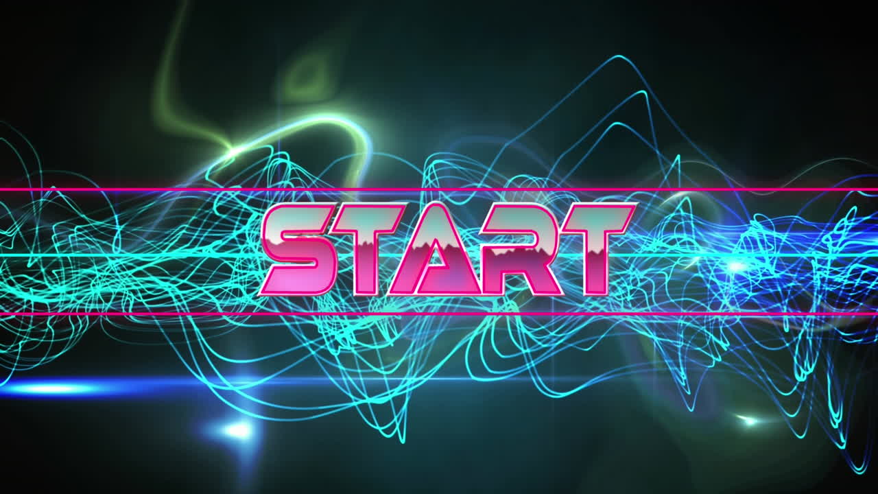 animación del banner de texto de inicio sobre onda digital azul brillante y senderos de luz sobre fondo negro.