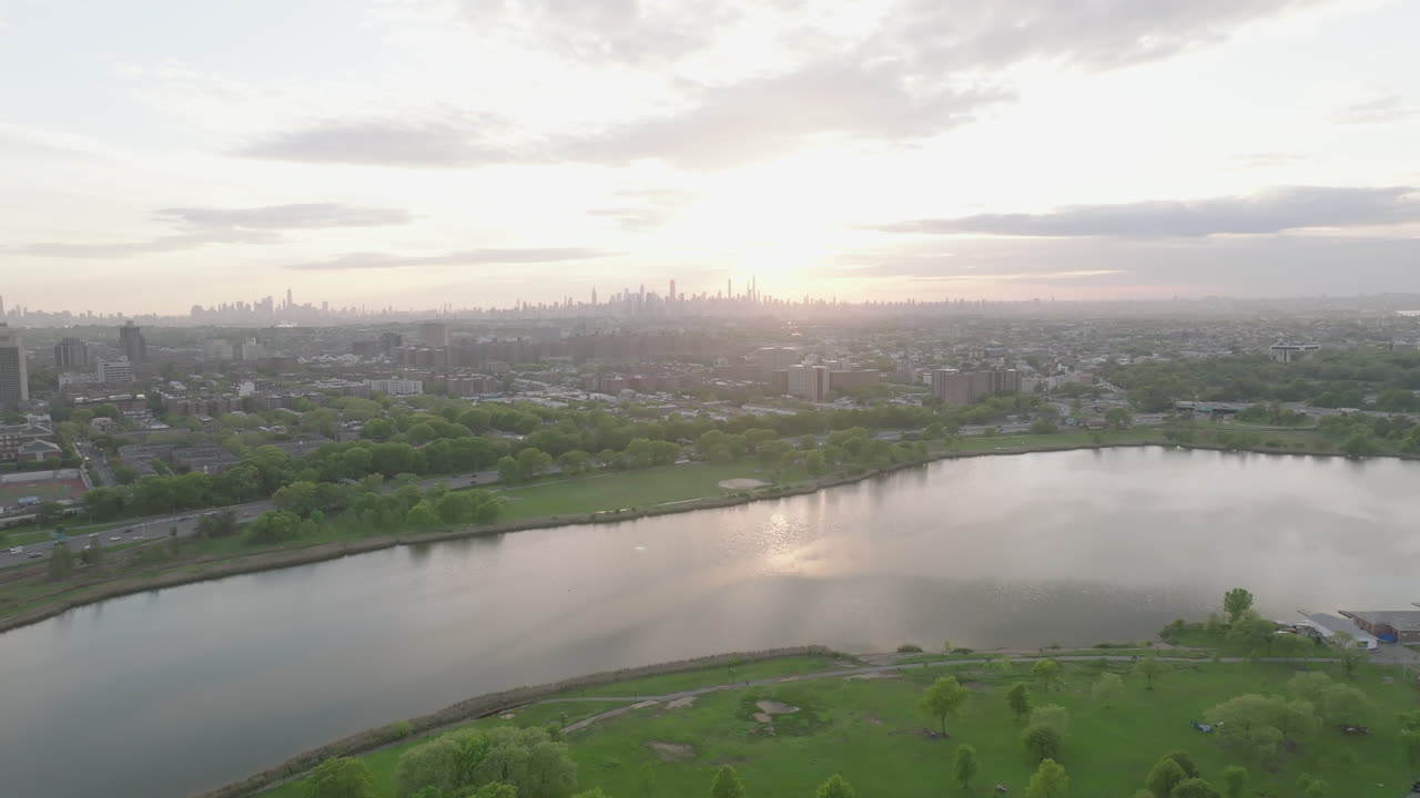 Aerial view of Queens, New York at dusk. Shot in Flushing Meadows Corona Park.