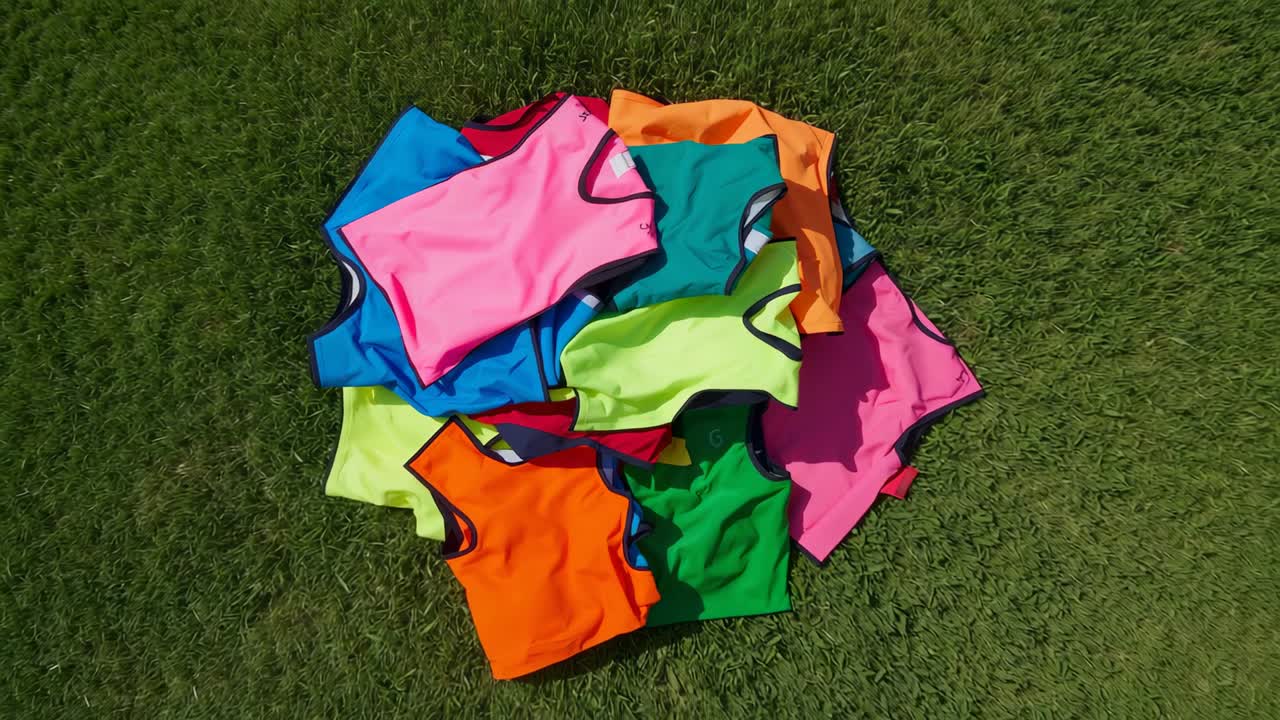 Overhead camera rotating and zooming, pile of neon training vests shifting on grass for sports demo
