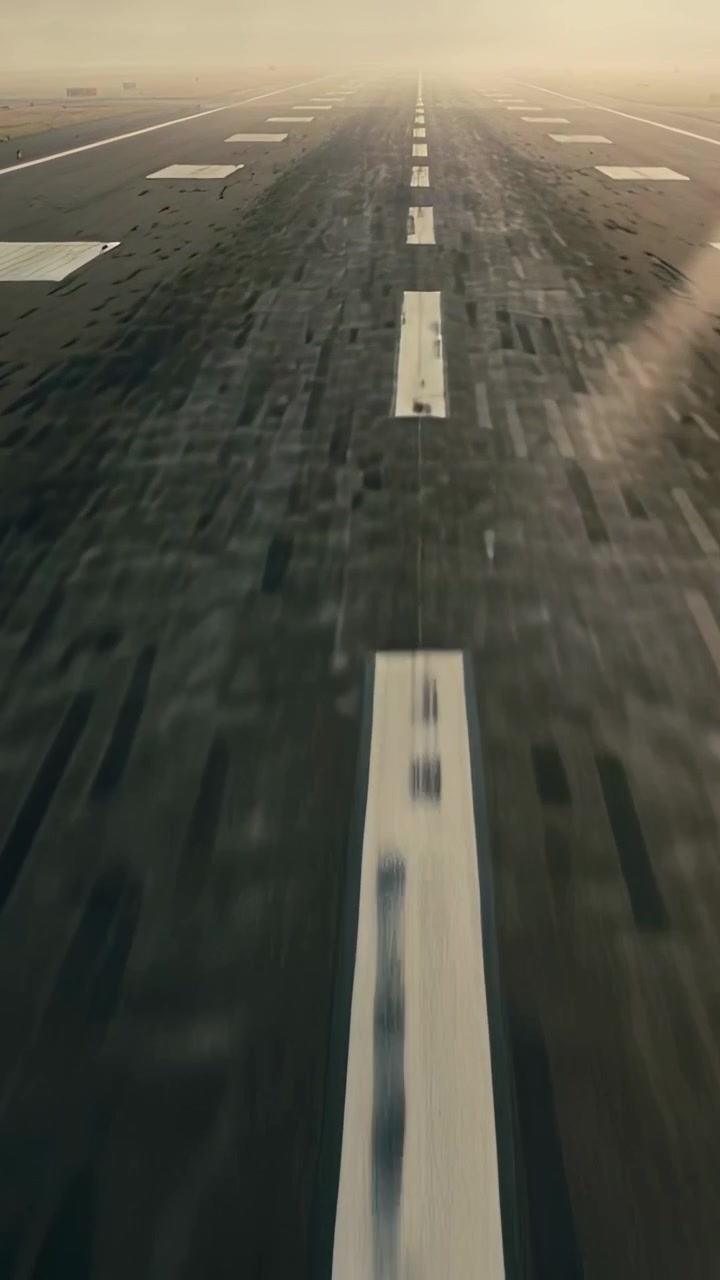 Video vertical: Cámara avanzando por la pista de aterrizaje, mostrando la línea central, los calzos de alineación, el desgaste y el resplandor.